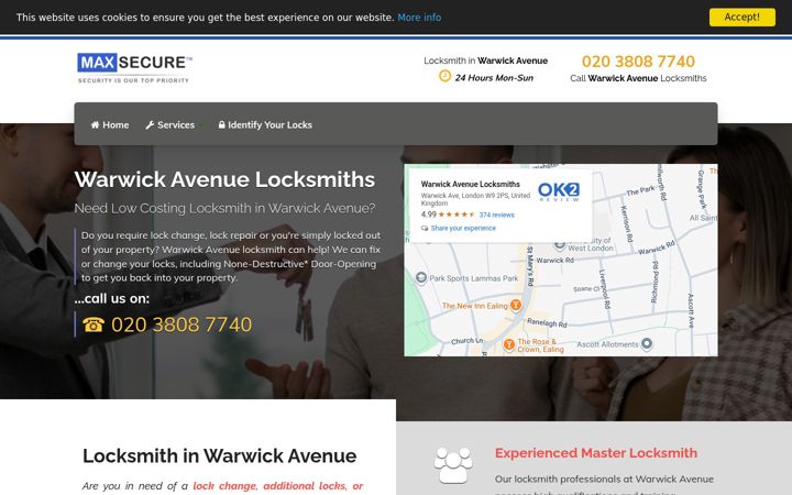 Screenshot of locksmithwarwickavenue.co.uk