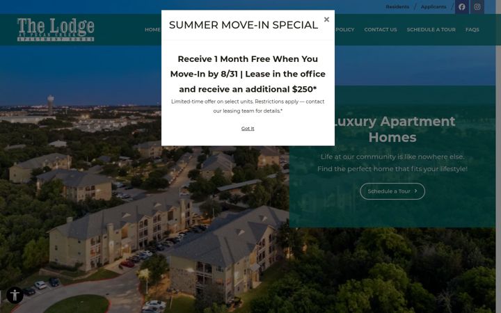 Screenshot of lodgeatpecancreekapts.com