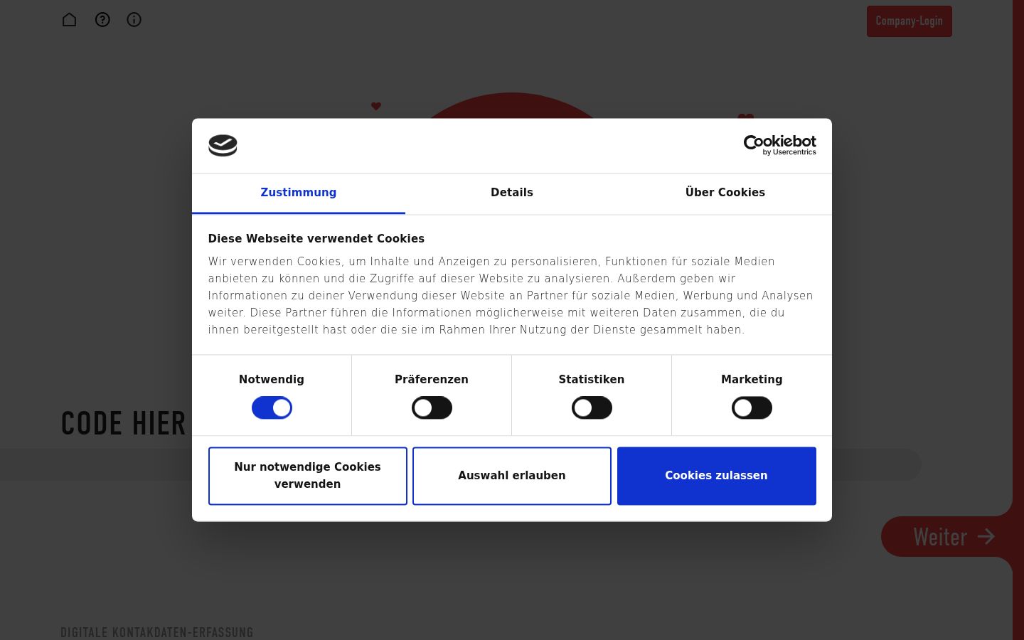 Captura de ecrã do banner de consentimento apresentado antes de qualquer interação