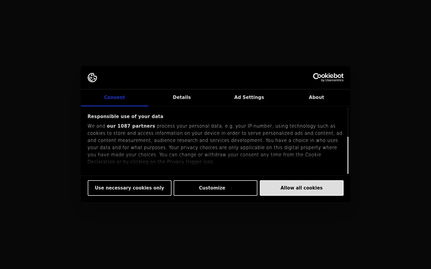 Screenshot del banner di consenso mostrato prima di qualsiasi interazione