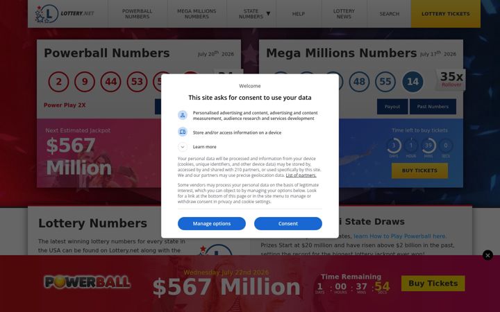 Captură de ecran a lottery.net