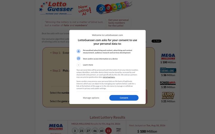 Screenshot of lottoguesser.com