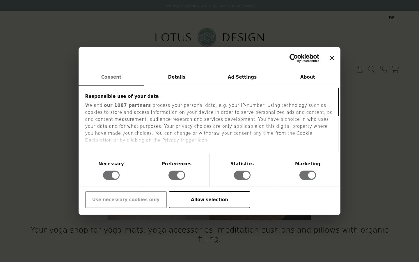 Screenshot del banner di consenso mostrato prima di qualsiasi interazione