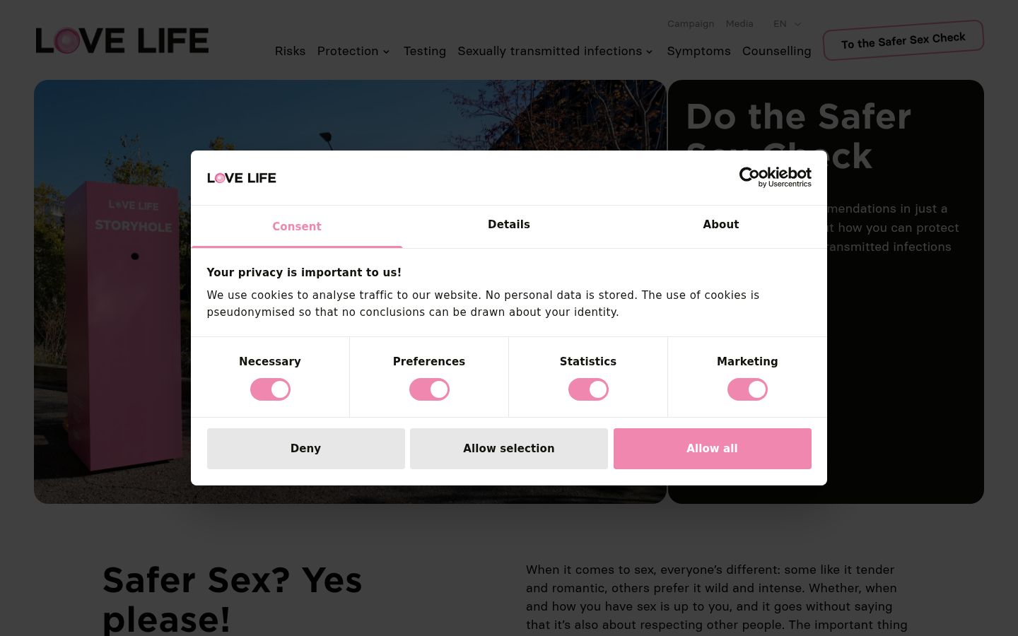 Screenshot del banner di consenso mostrato prima di qualsiasi interazione