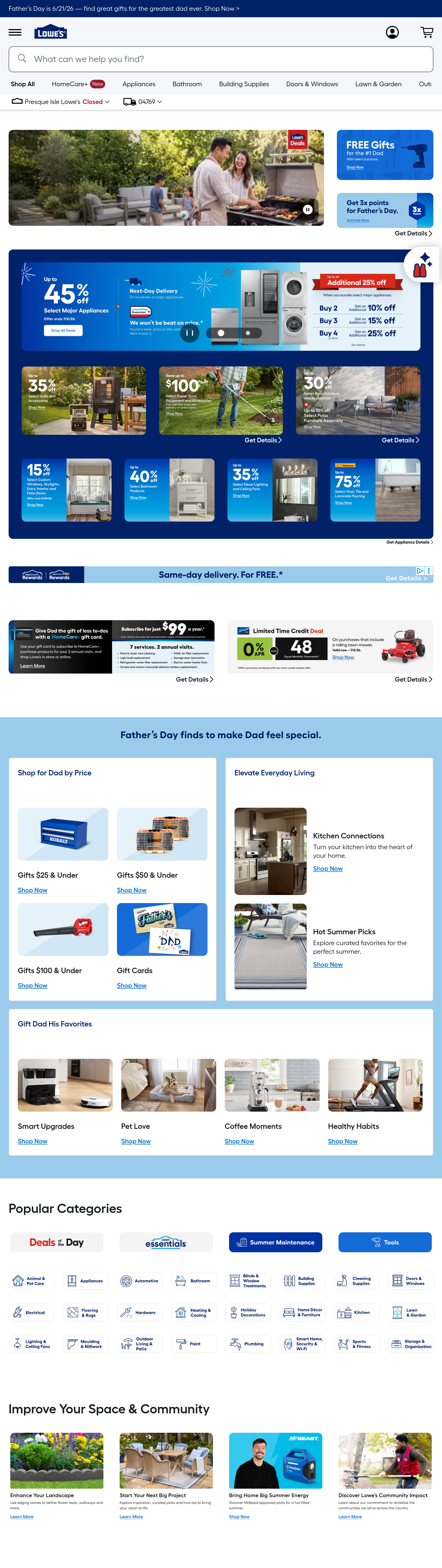 Tablet screenshot of lowes.com