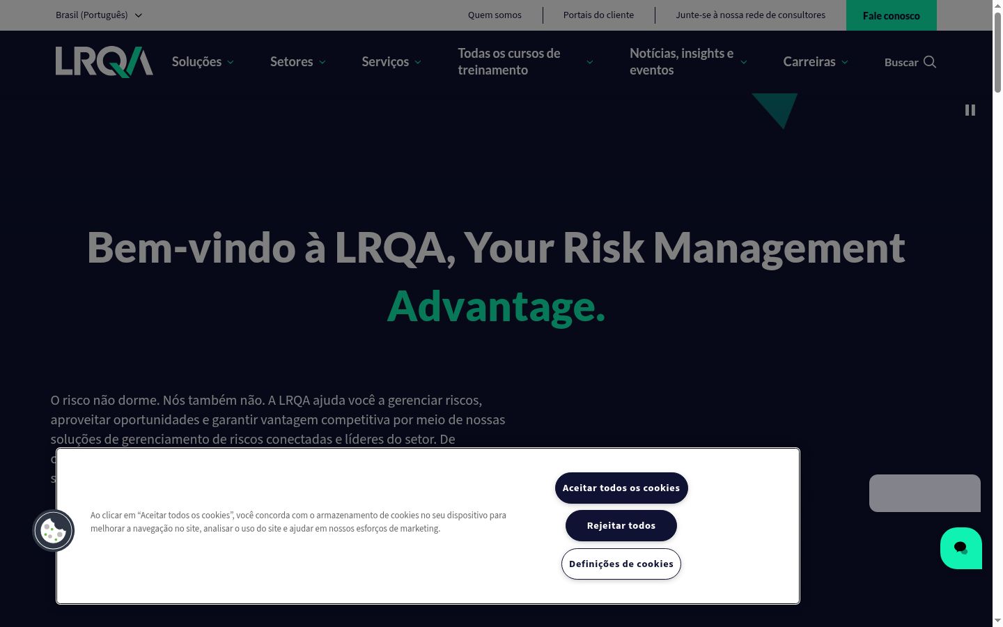 Captura de ecrã do banner de consentimento apresentado antes de qualquer interação
