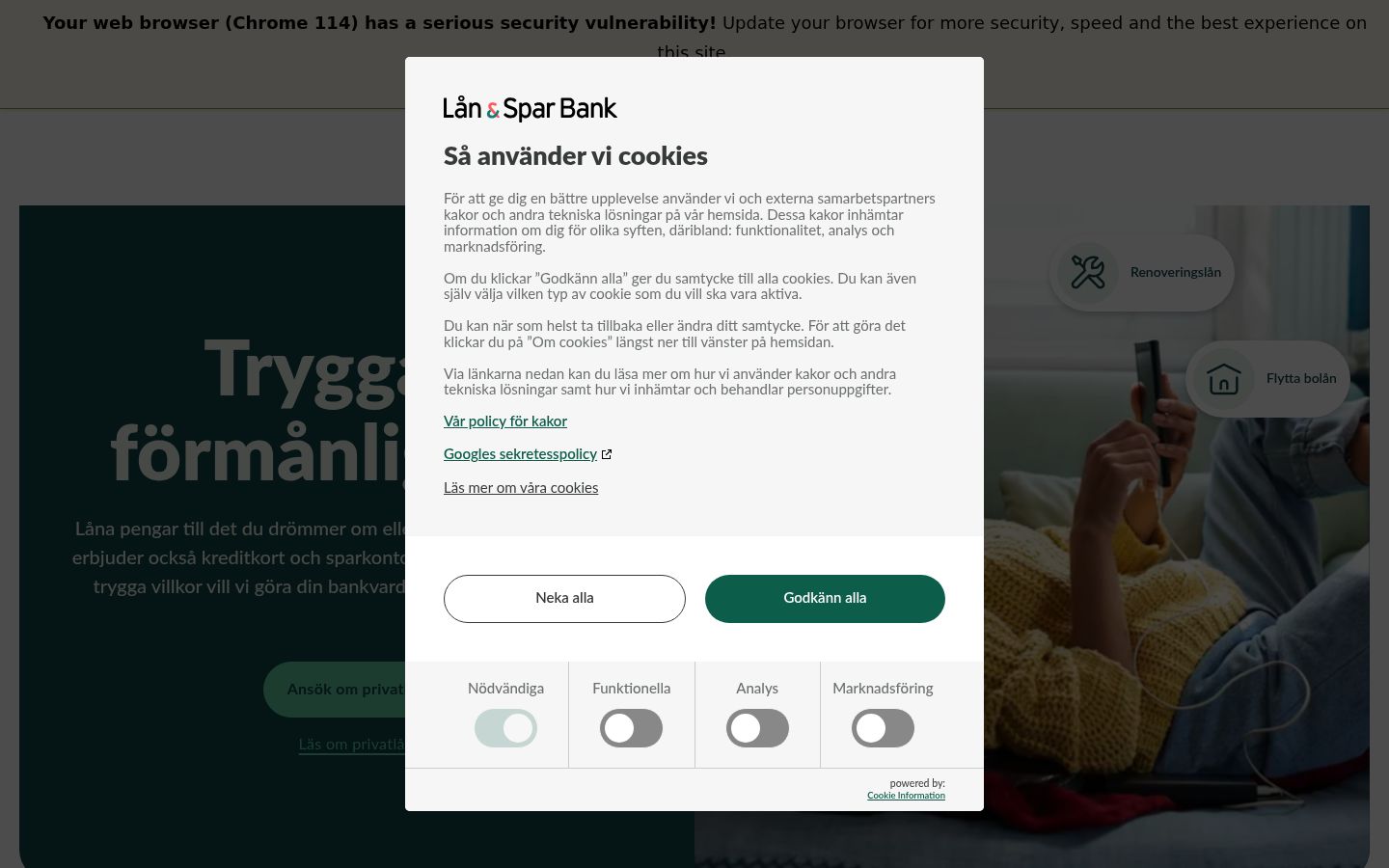Snímek obrazovky baneru souhlasu zobrazeného před jakoukoli interakcí