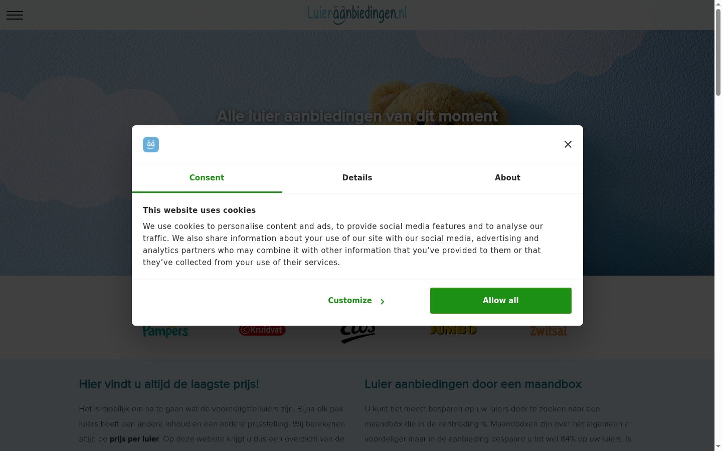 Screenshot van de toestemmingsbanner zoals getoond vóór enige interactie