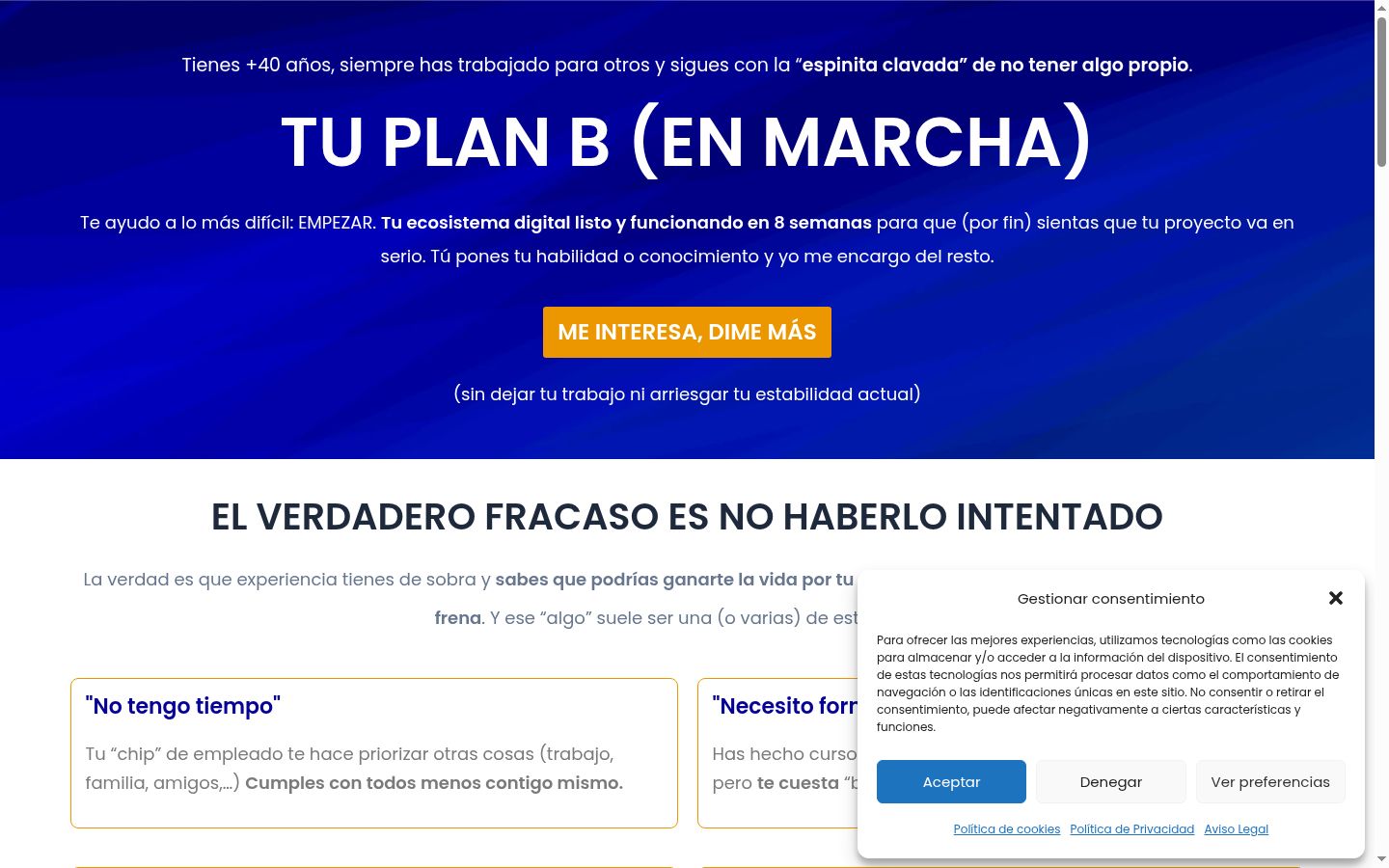 Captura de pantalla del banner de consentimiento mostrado antes de cualquier interacción