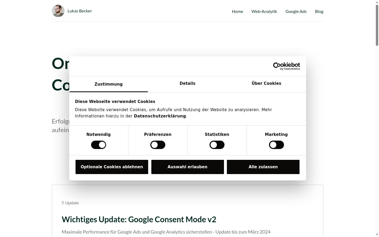 Screenshot del banner di consenso mostrato prima di qualsiasi interazione