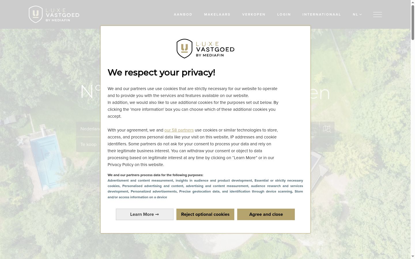 Skærmbillede af samtykkebanneret, som det blev vist før nogen interaktion