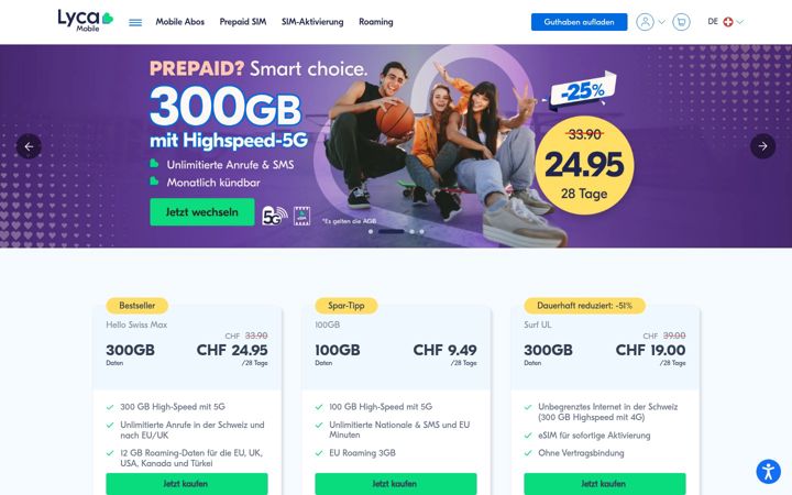 Screenshot of lycamobile.ch
