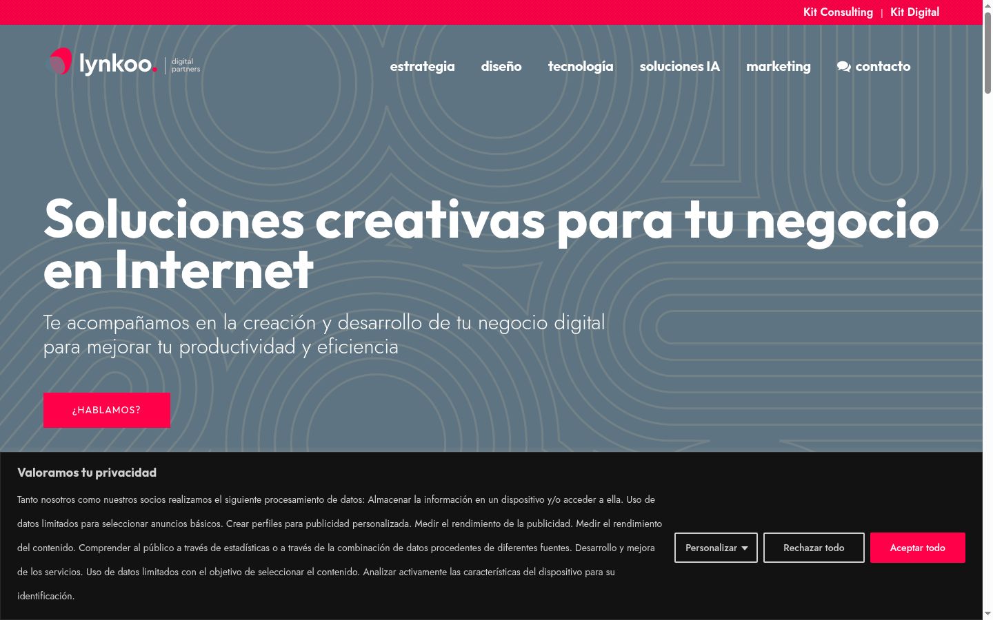 Captura de pantalla del banner de consentimiento mostrado antes de cualquier interacción