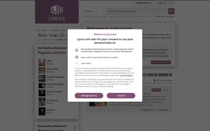 Screenshot von lyrics.com