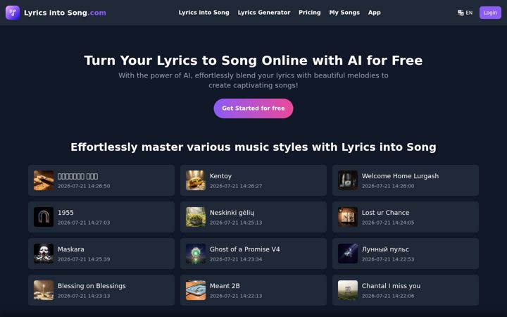 Screenshot of lyricsintosong.com