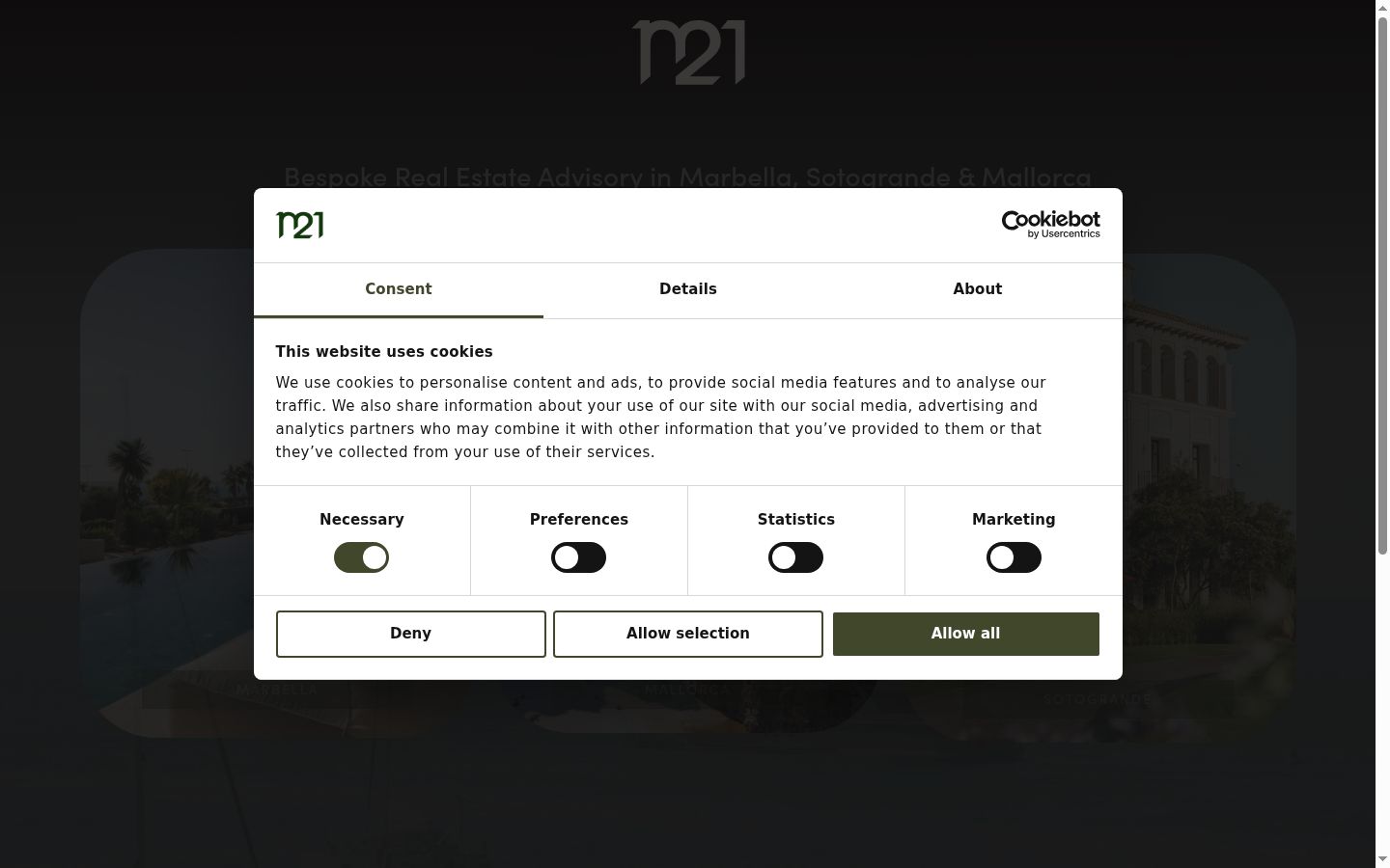Screenshot del banner di consenso mostrato prima di qualsiasi interazione