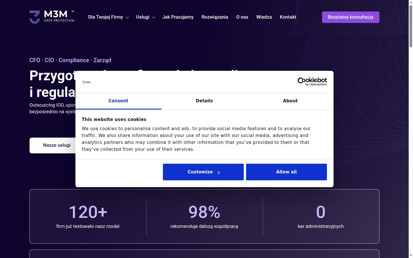 Screenshot del banner di consenso mostrato prima di qualsiasi interazione