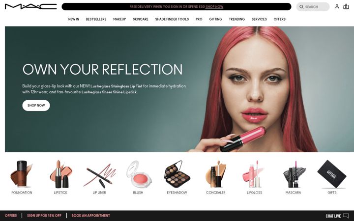 Kuvakaappaus sivustosta maccosmetics.co.uk