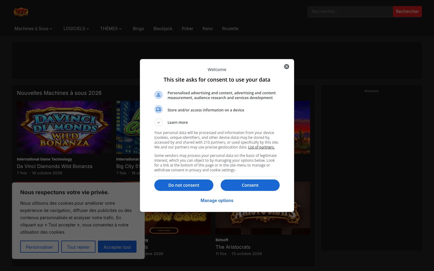 Screenshot del banner di consenso mostrato prima di qualsiasi interazione