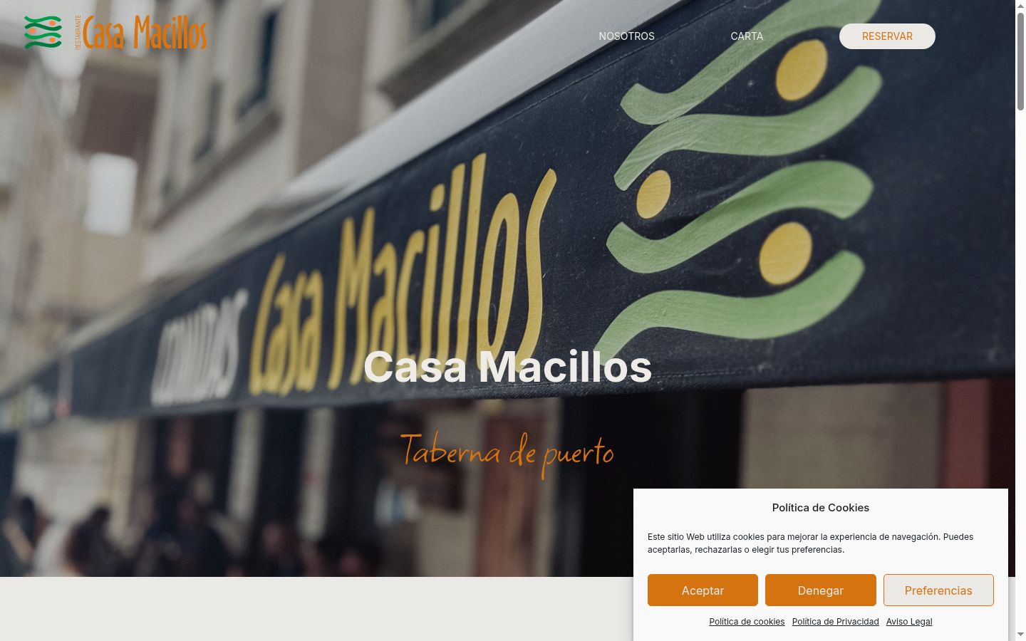 Captura de pantalla del banner de consentimiento mostrado antes de cualquier interacción