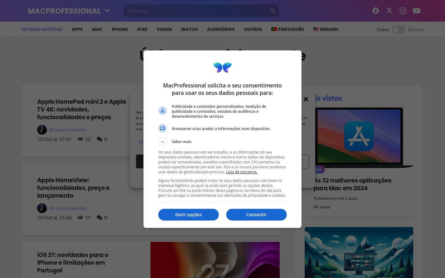 Képernyőkép a bármilyen interakció előtt megjelenő hozzájárulási bannerről