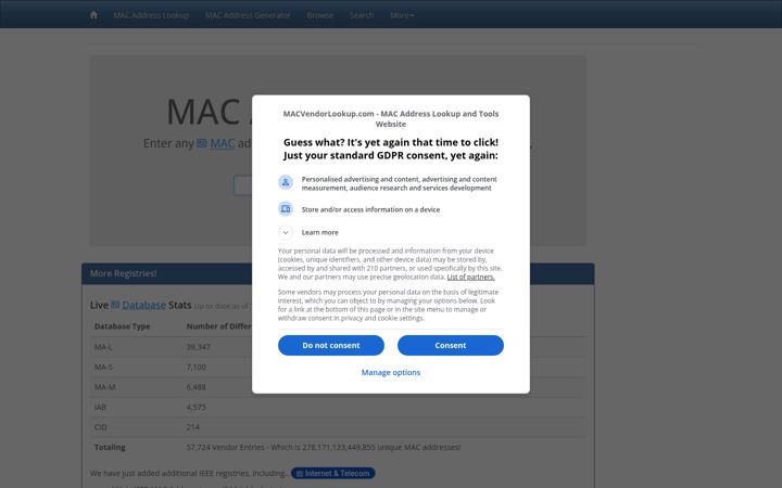 Screenshot stránky macvendorlookup.com