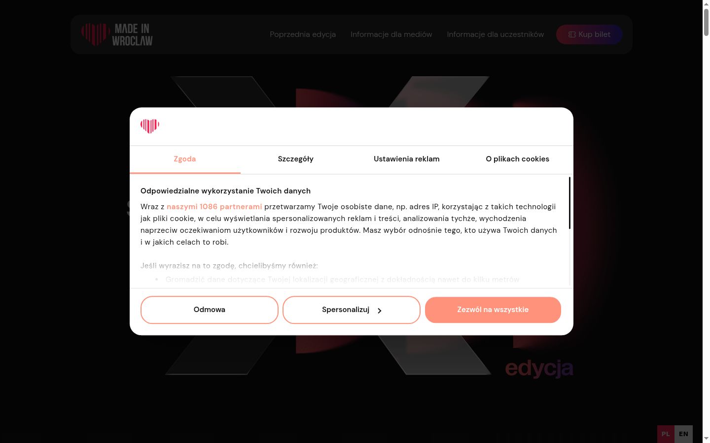Képernyőkép a bármilyen interakció előtt megjelenő hozzájárulási bannerről