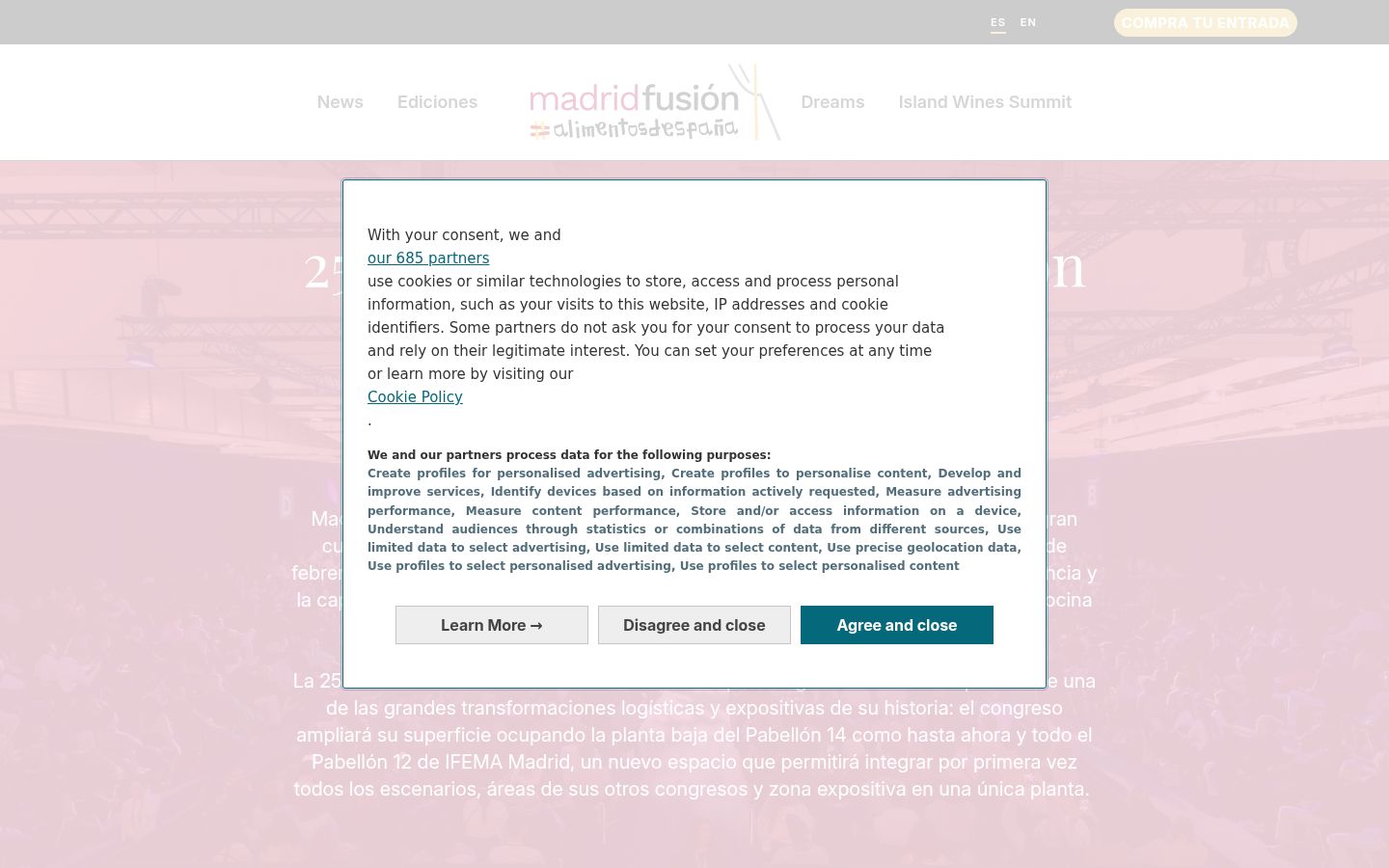 Screenshot del banner di consenso mostrato prima di qualsiasi interazione