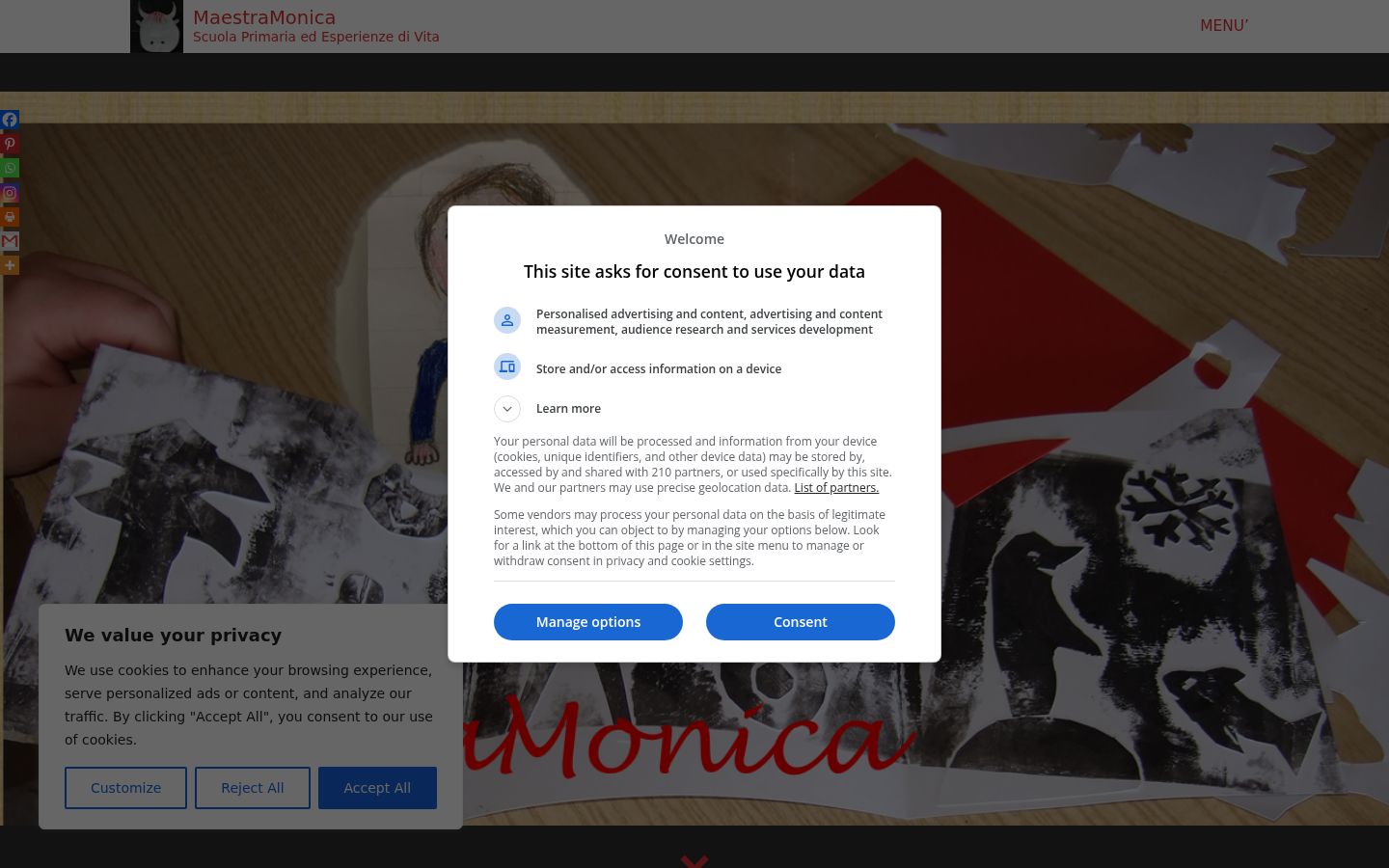 Screenshot del banner di consenso mostrato prima di qualsiasi interazione