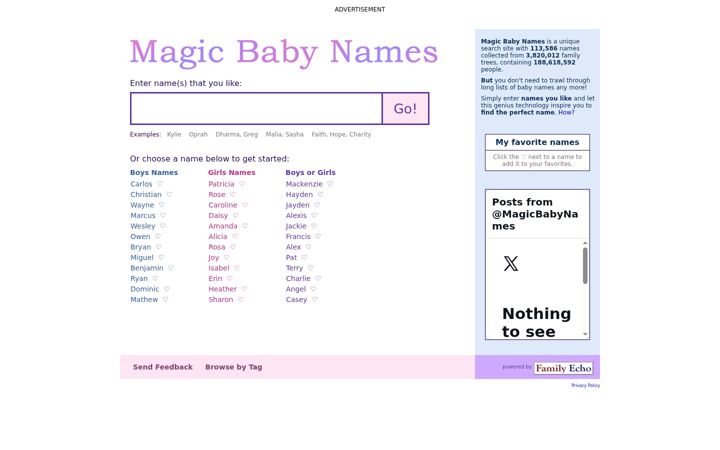 Screenshot of magicbabynames.com