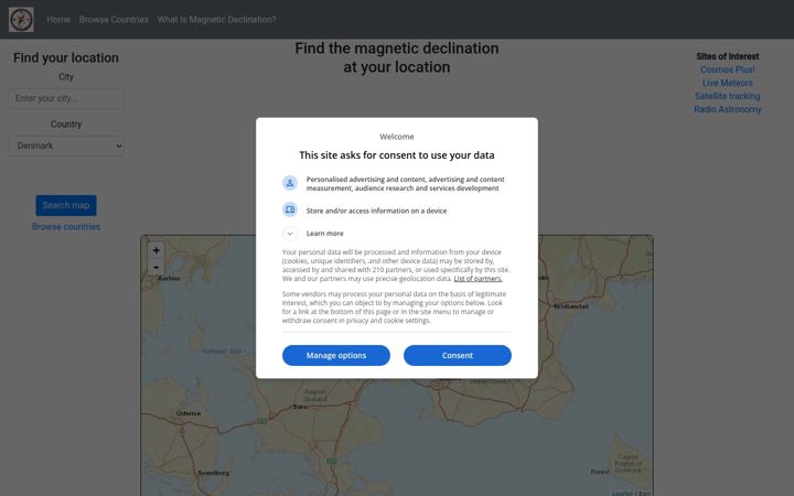 Snímek obrazovky magnetic-declination.com