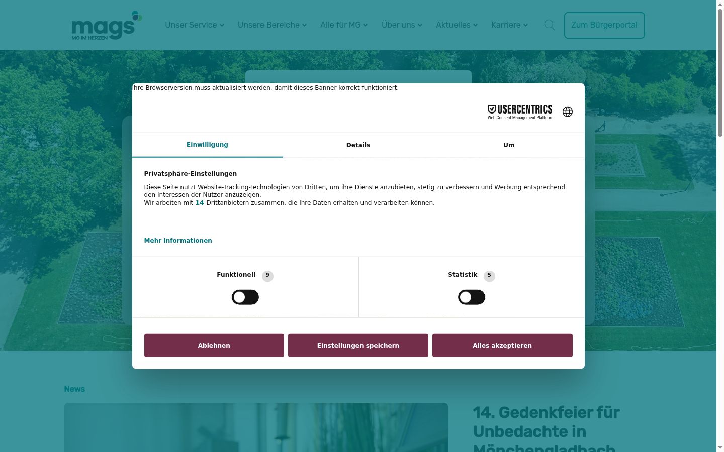 Screenshot des Einwilligungsbanners vor jeglicher Interaktion