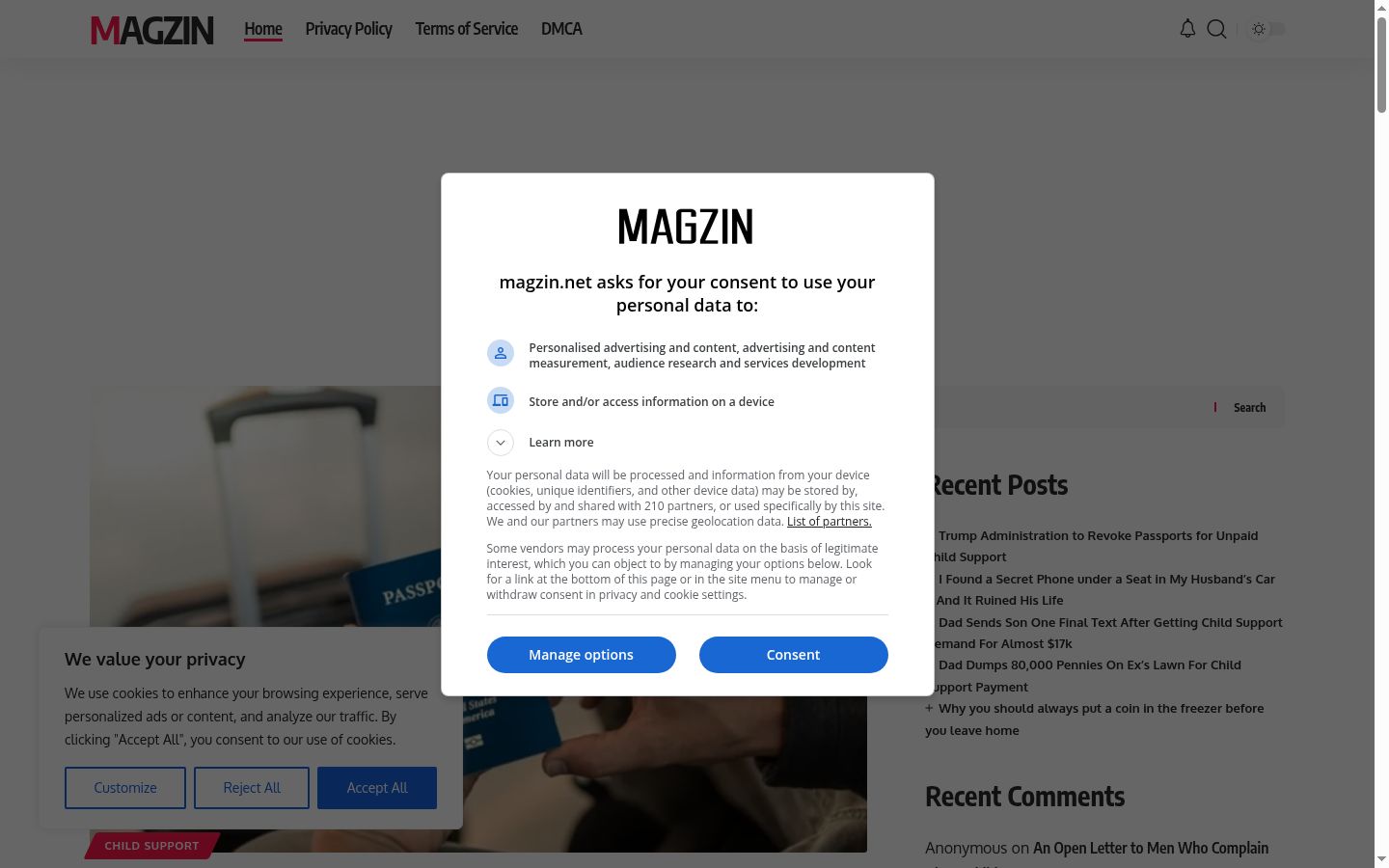 Screenshot del banner di consenso mostrato prima di qualsiasi interazione