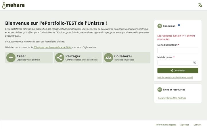 Screenshot of mahara-test.unistra.fr