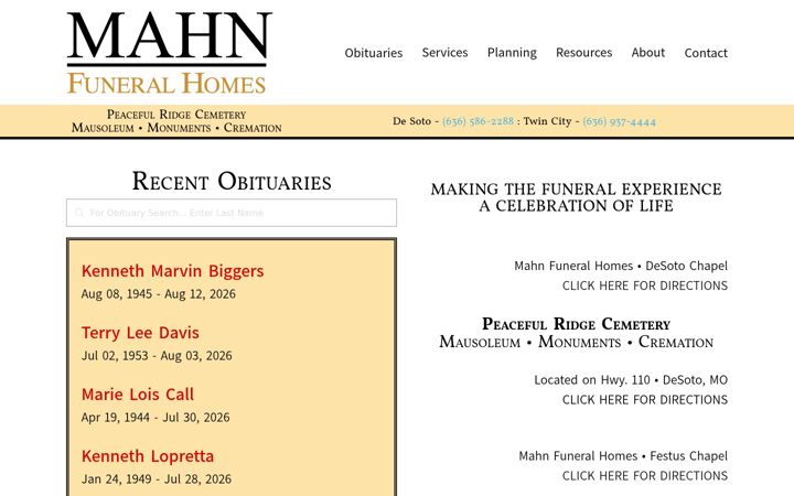 Screenshot of mahnfuneralhome.com