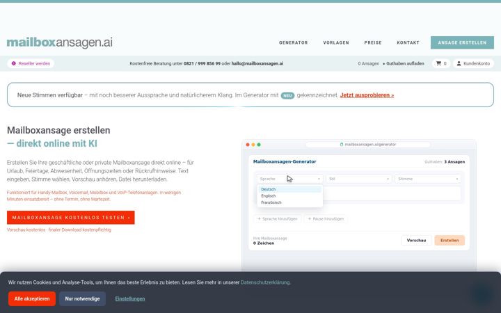 Screenshot von mailboxansagen.ai