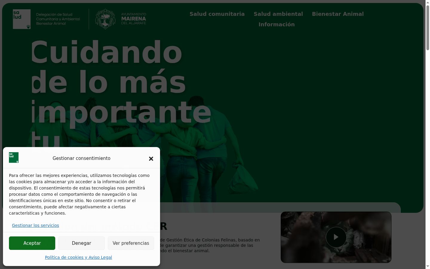Captura de pantalla del banner de consentimiento mostrado antes de cualquier interacción