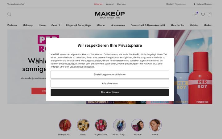 Screenshot of makeupstore.de