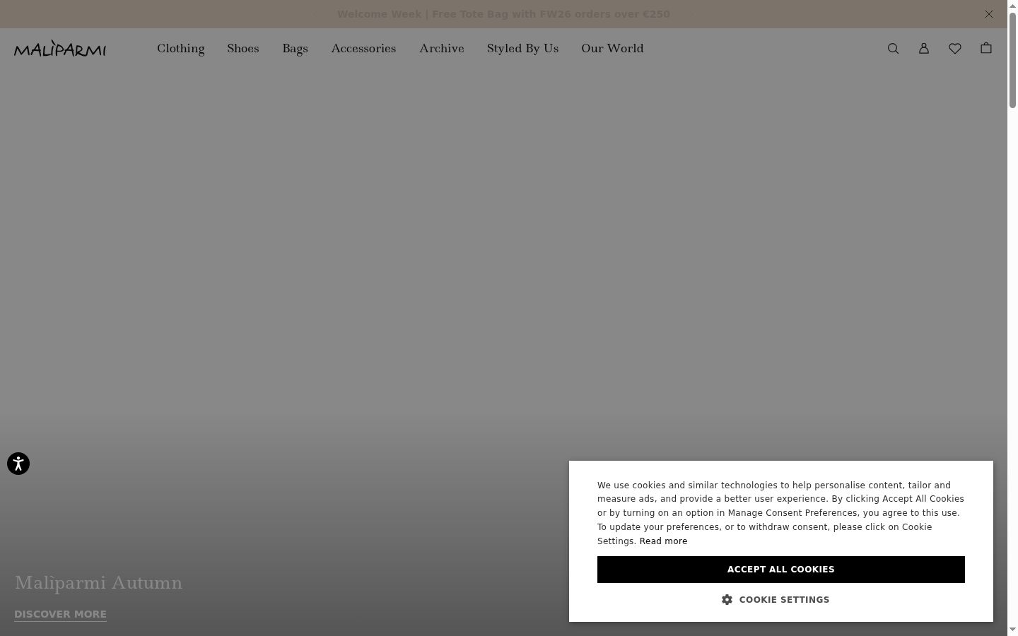 Screenshot del banner di consenso mostrato prima di qualsiasi interazione