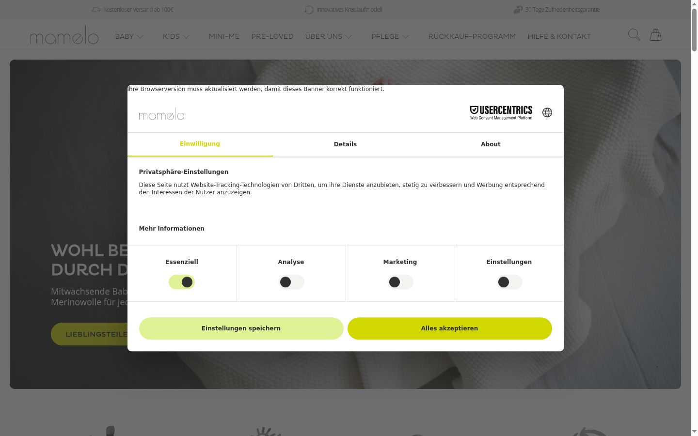 Screenshot del banner di consenso mostrato prima di qualsiasi interazione