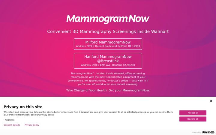 Screenshot of mammogramnow.com