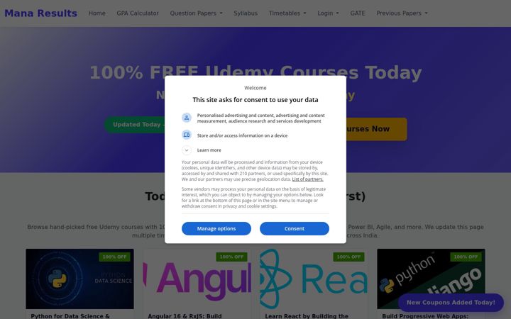 Screenshot of manaresults.co.in