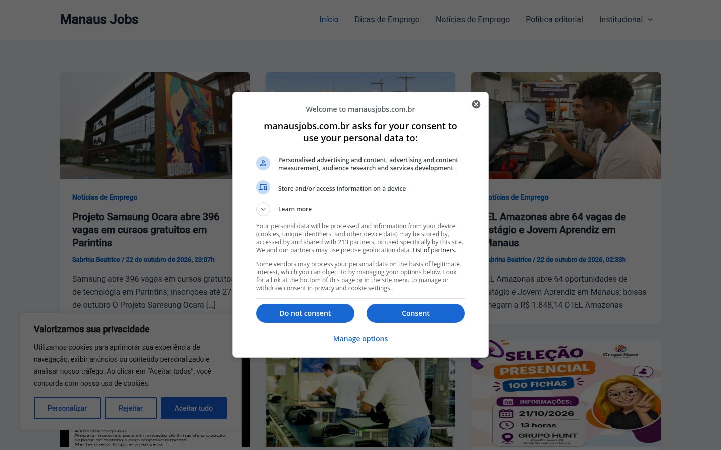 Capture d'écran de la bannière de consentement affichée avant toute interaction
