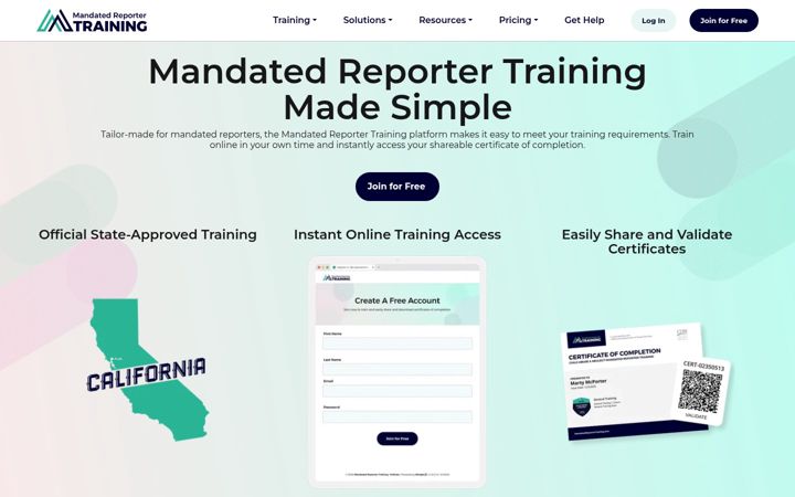 Screenshot of mandatedreportertraining.com