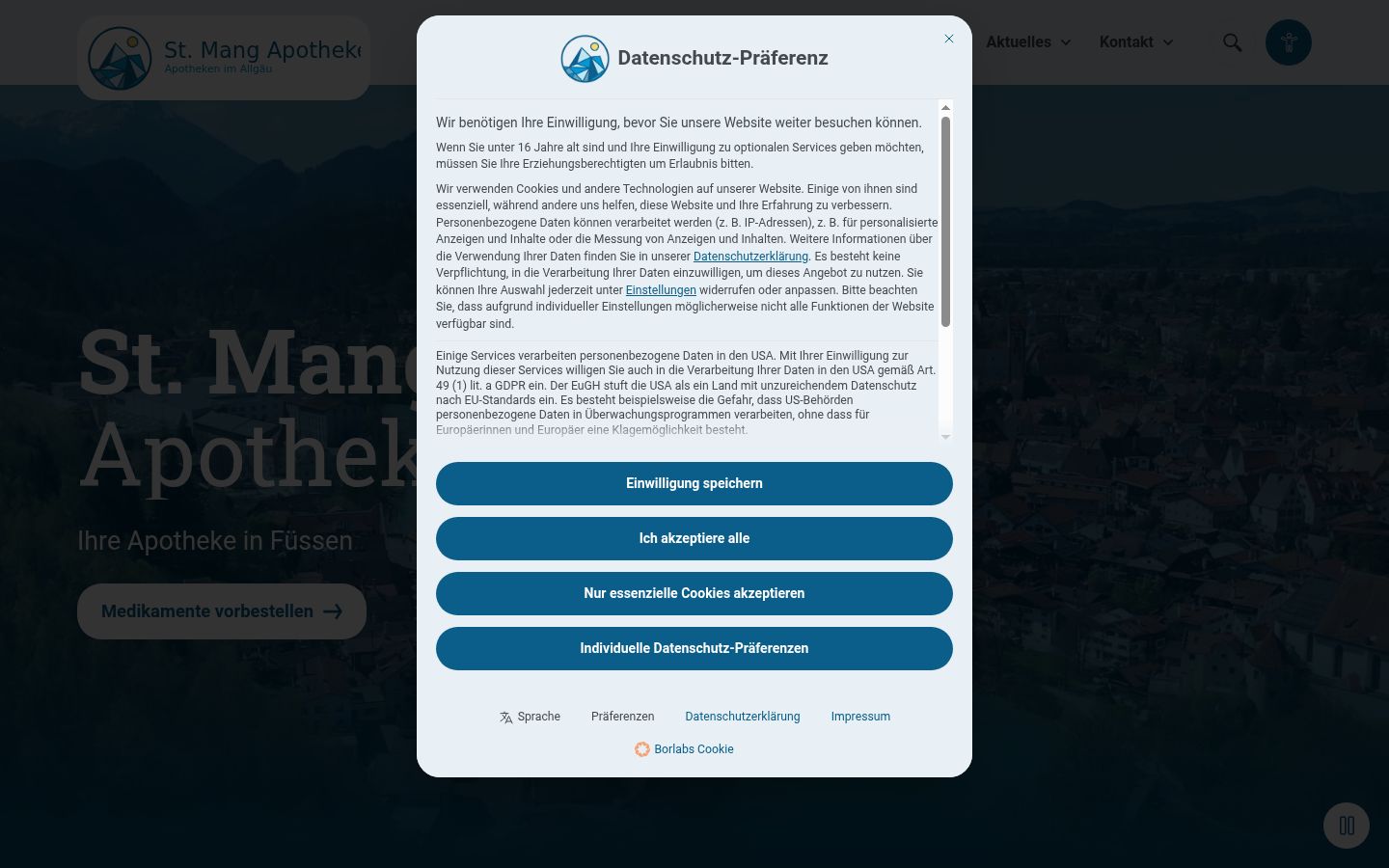 Screenshot des Einwilligungsbanners vor jeglicher Interaktion