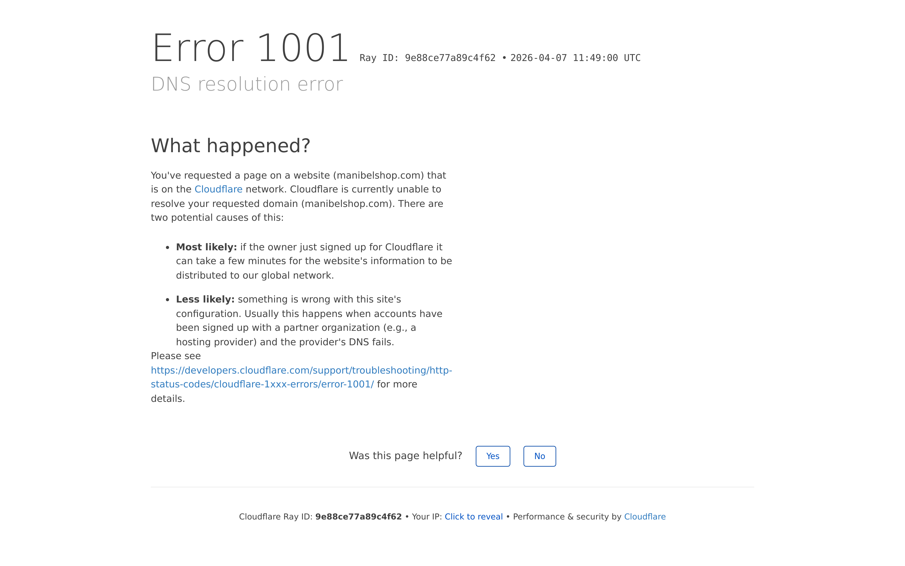 Screenshot of DNS resolution error | manibelshop.com | Cloudflare