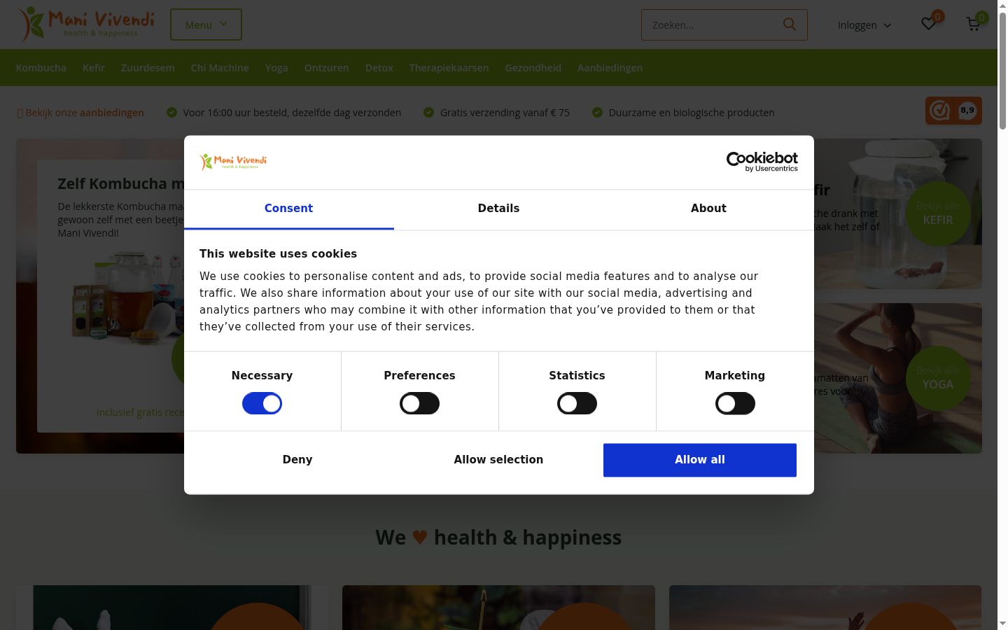 Screenshot del banner di consenso mostrato prima di qualsiasi interazione