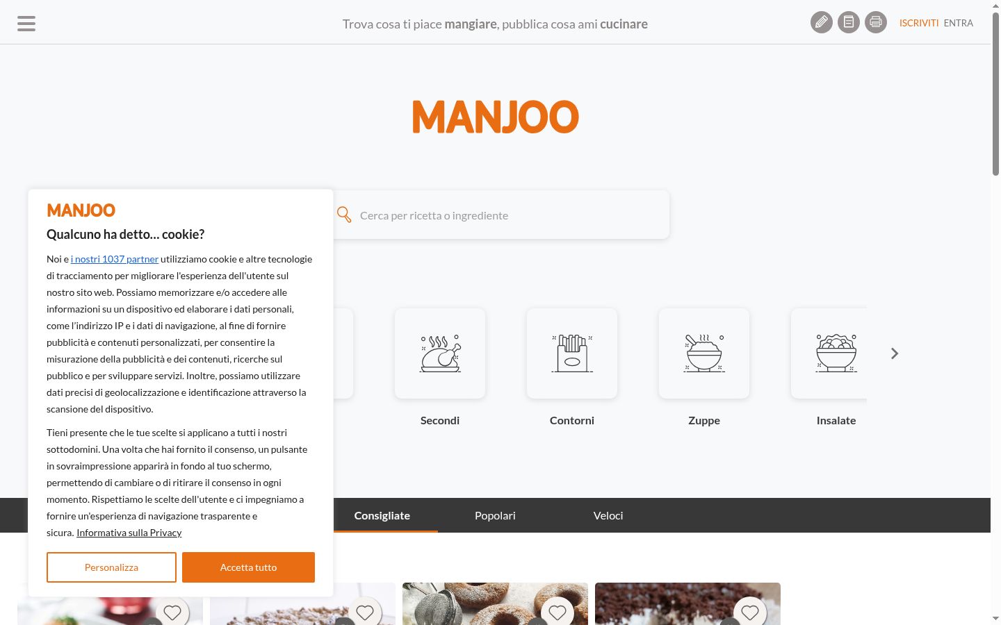 Screenshot del banner di consenso mostrato prima di qualsiasi interazione