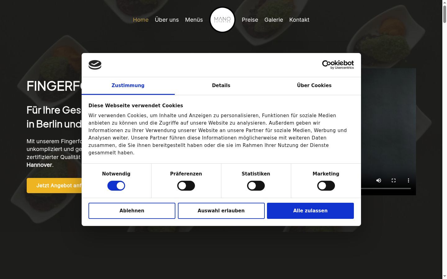 Screenshot del banner di consenso mostrato prima di qualsiasi interazione