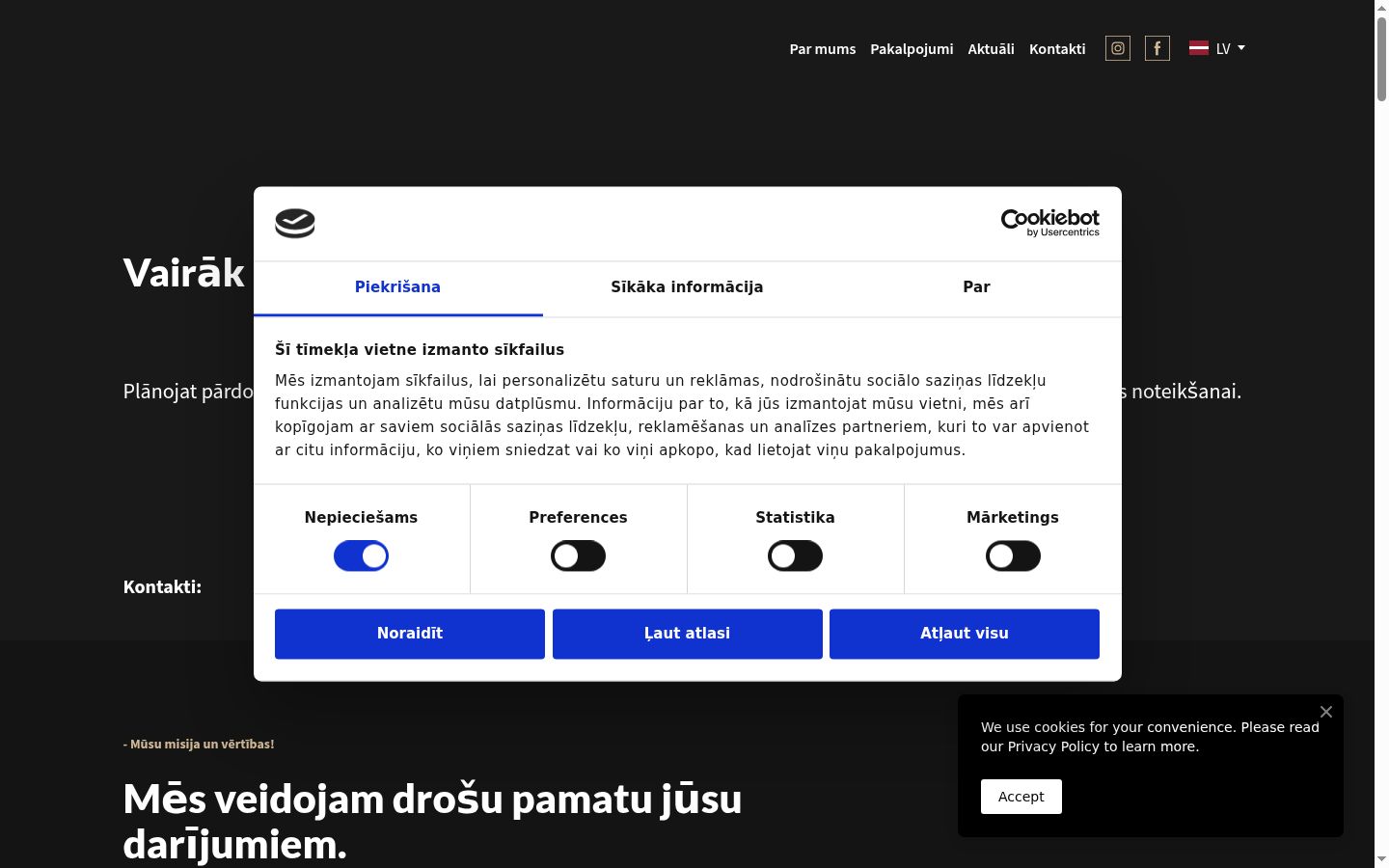 Captura de ecrã do banner de consentimento apresentado antes de qualquer interação